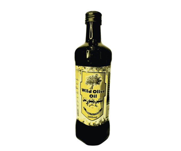 A glass bottle which is black in color and contains olives.