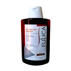 A plastic wide bottle with white lid contains red color shampoo